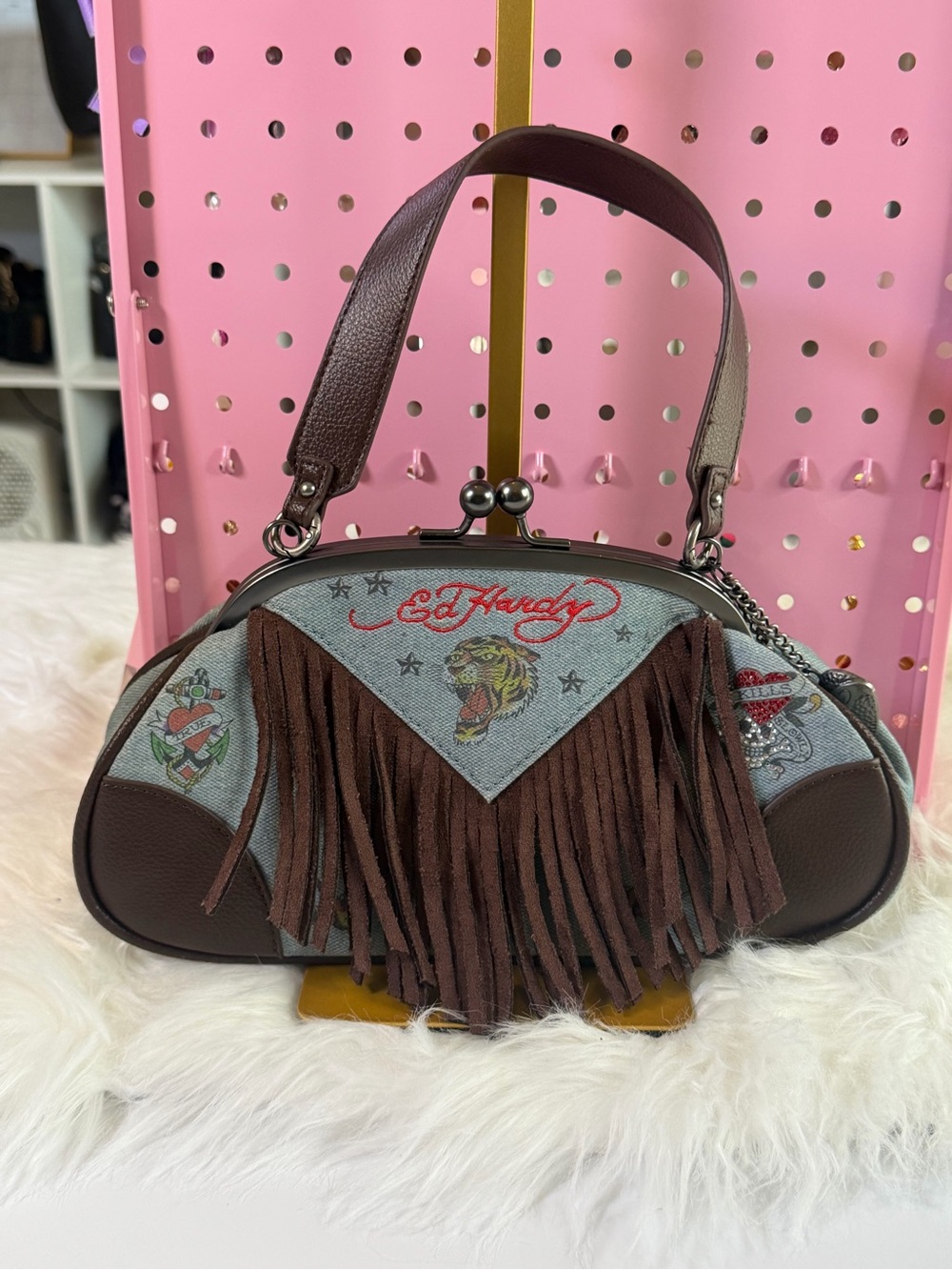 Ed Hardy Brown and Denim Fringe Satchel with Tattoo-Inspired Print